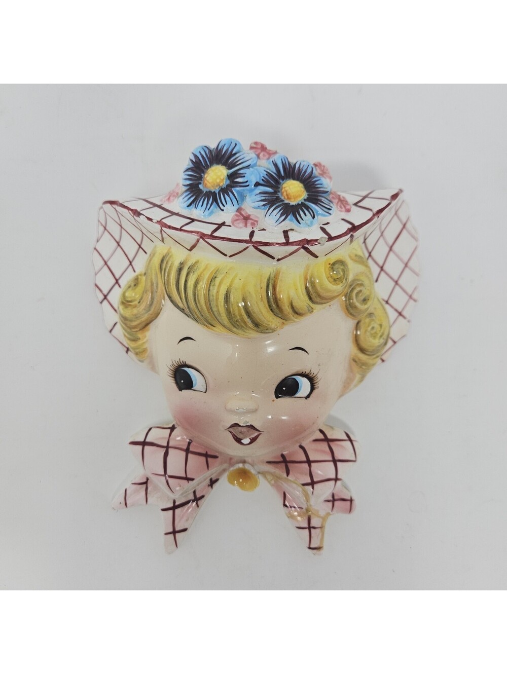 Repaired Broken Vintage 1956 Lefton Miss Dainty Wall Pocket Girl Blonde w/ Chips